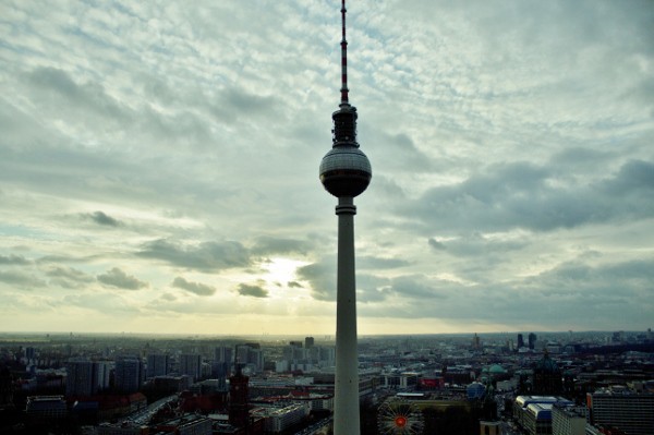 Large Berlin TV tower with a rotating restaurant in a ball with best view over berlin