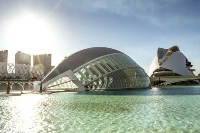 City of Arts and Sciences in Valencia; two large modern domed building with water below