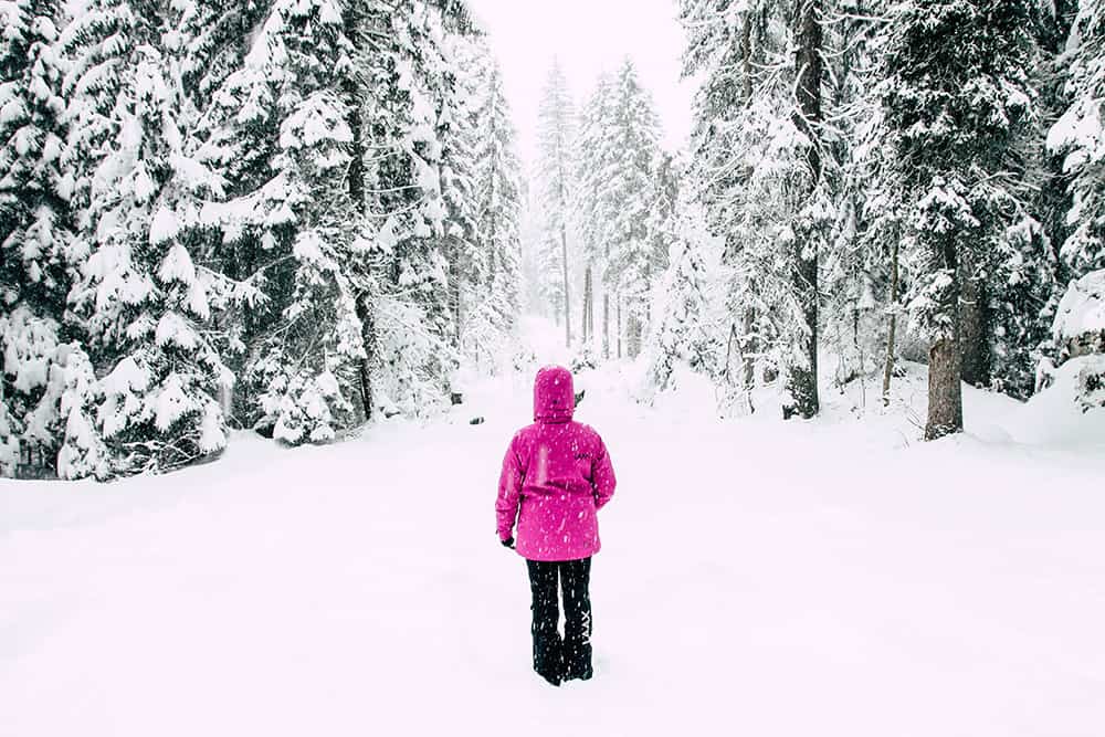 Frau in pinker Jacke vor verschneitem Wald
