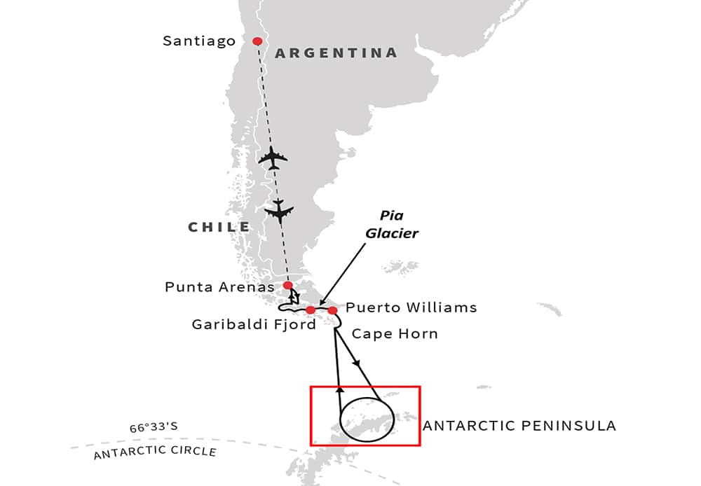 Karte vom Routenverlauf auf dem Weg in die Antarktis