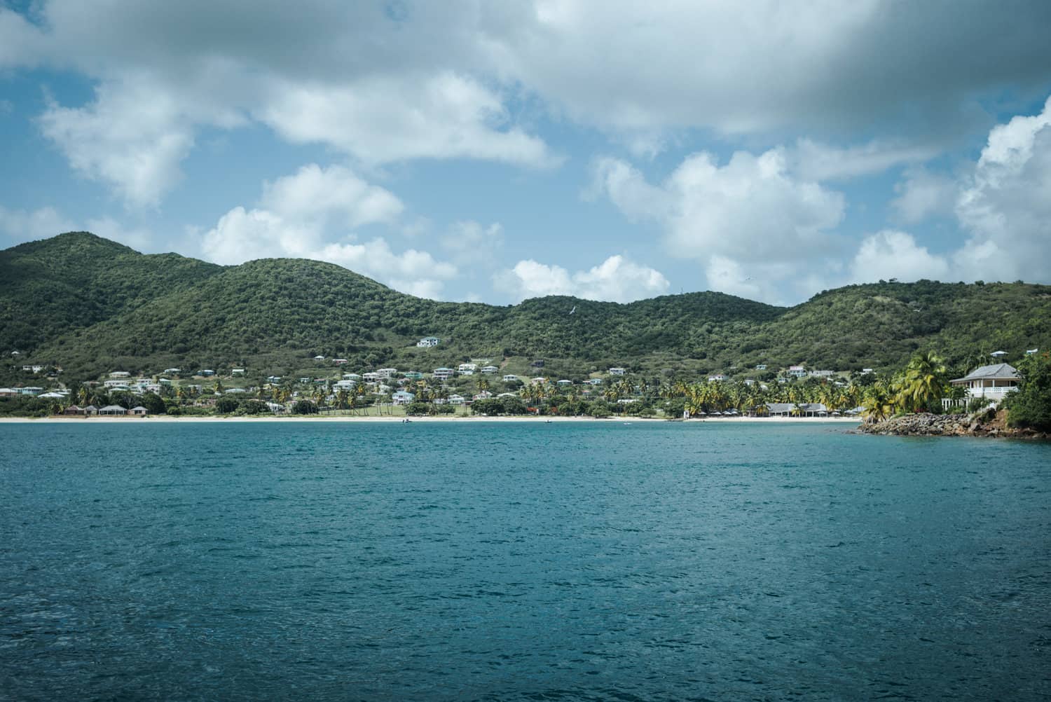 small tree covered hills with houses on the water