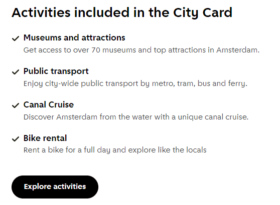 IAmsterdam City Card Details in text showing the access to 70+ museums, public transportation, and a canal cruise; perfect for any Amsterdam Itinerary