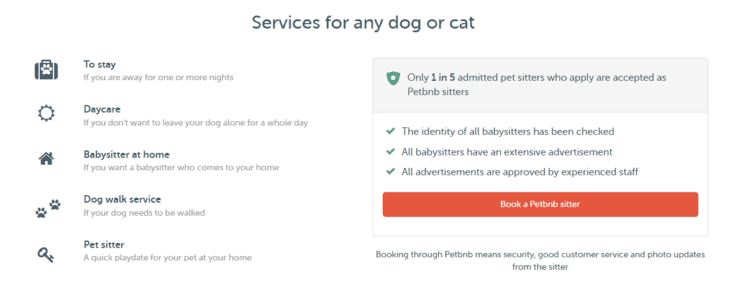 Petbnb website details of all the services offered for stay, daycare, walking and petsitting