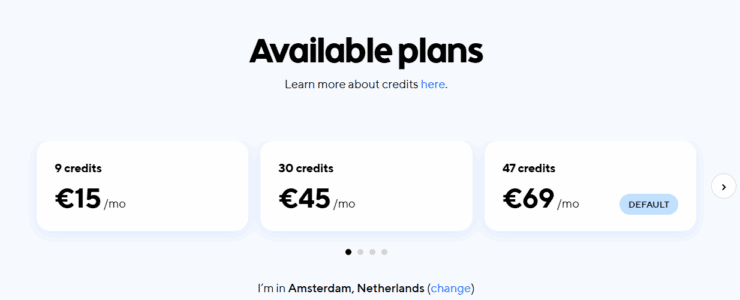 Available ClassPass Plans showing 9 credits at 15 euros, 30 credits for 45 euros, and 47 credits for 69 euros.