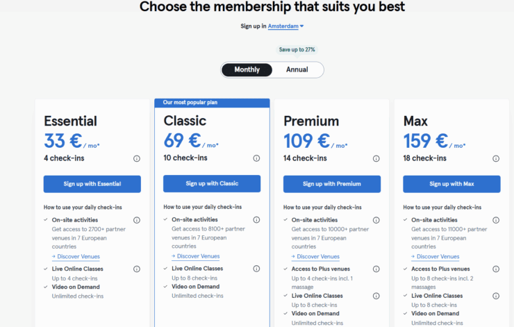 Classpass vs Onefit Plan Options - One Fit Details Small $33 for 4 checkins, Medium $69 for 10 checkins, Large $109 for 14 check ins, Extra Large $159 for 18 checkins