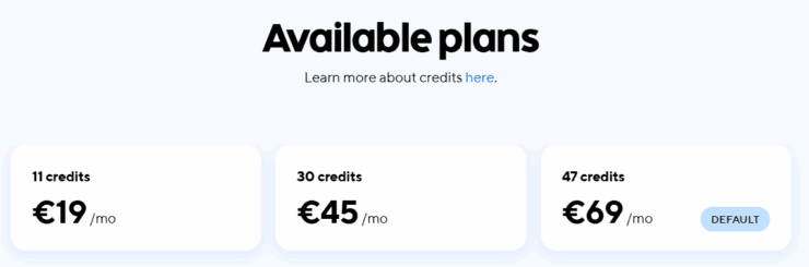 Screenshot of Classpass pricing showing 11 credits for 19 euros, 30 credits for 45 euros, 47credits for 69 euros.