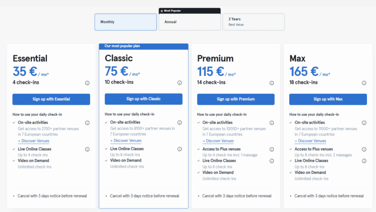 Classpass vs Urban Sports Club Plan Options - Essential $35 for 4 checkins, Classic $75 for 10 checkins, Premium $115 for 14 check ins, Max $165 for 18 checkins