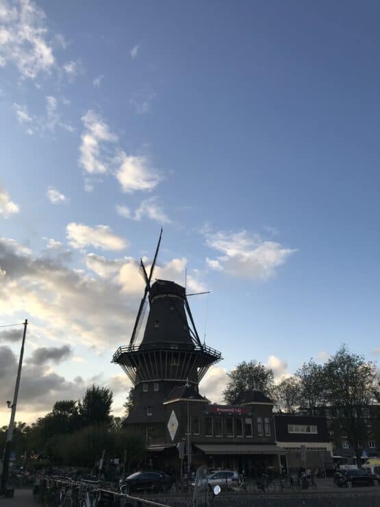 Windmill with a brewery underneath with a blue sky at Brouwerij 't IJ, one of the best places to get a Beer Amsterdam