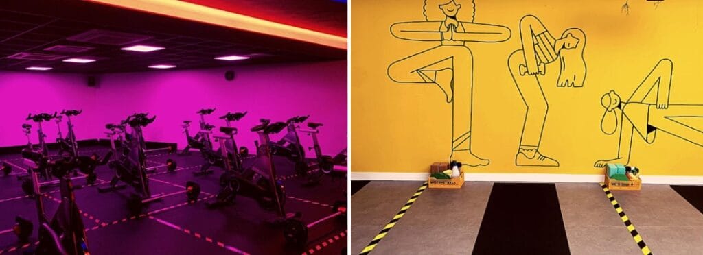 Split into two photos 
A pink room hosting spin bikes. 
A yellow Pilates room with yoga matts rolled out at a female gym amsterdam