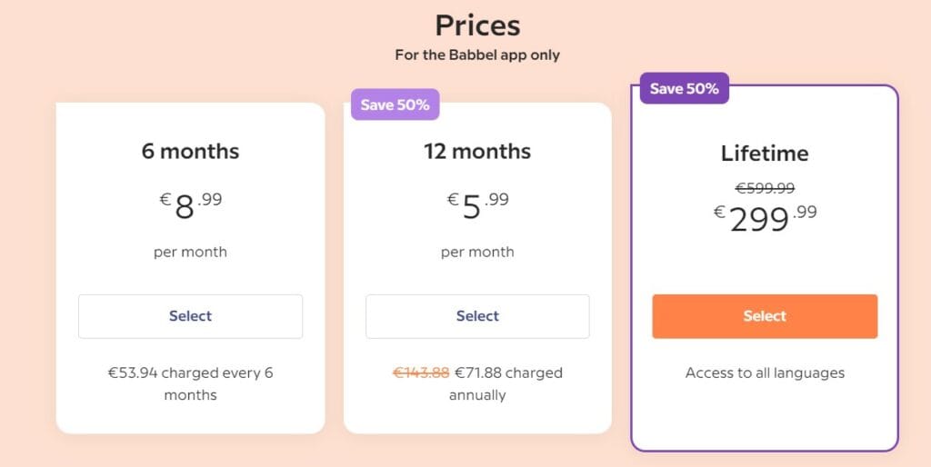 Prices for various plans with Babbel, 6 months 8.99; 12 months 5.99, lifetime 299.99