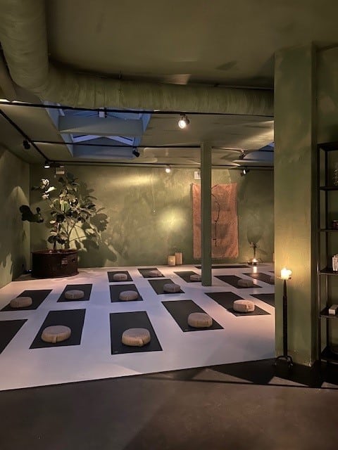 Yoga Studio with mats, pillows and a green wall