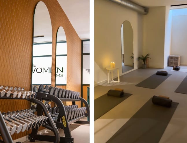 two images of free weights on the left side and on the right side grey yoga mats with a candle lit in the corner