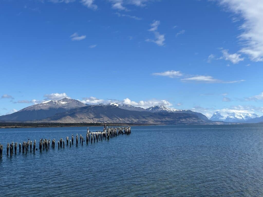 Waterfront in Puerto Natales with mountains in the background