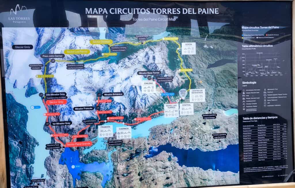 Torres del Paine Map of the various circuits