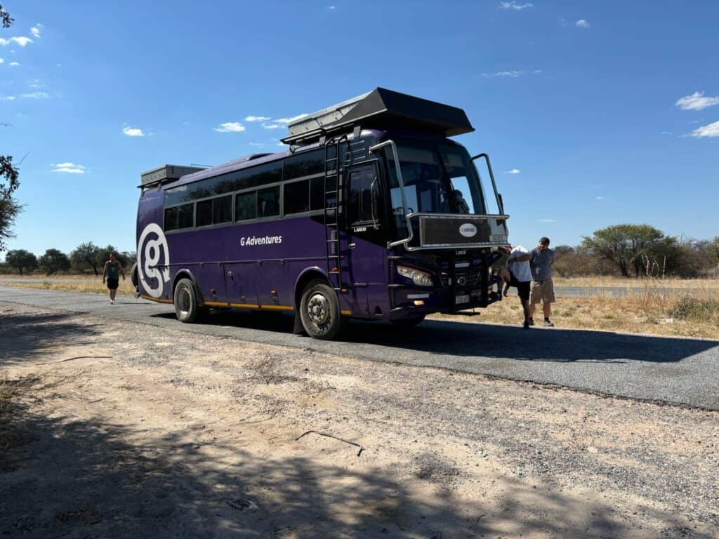 The purple G Adventures Lando overland truck parked at the side of a tarmac road in the African bush, with passengers stretching their legs during a stop